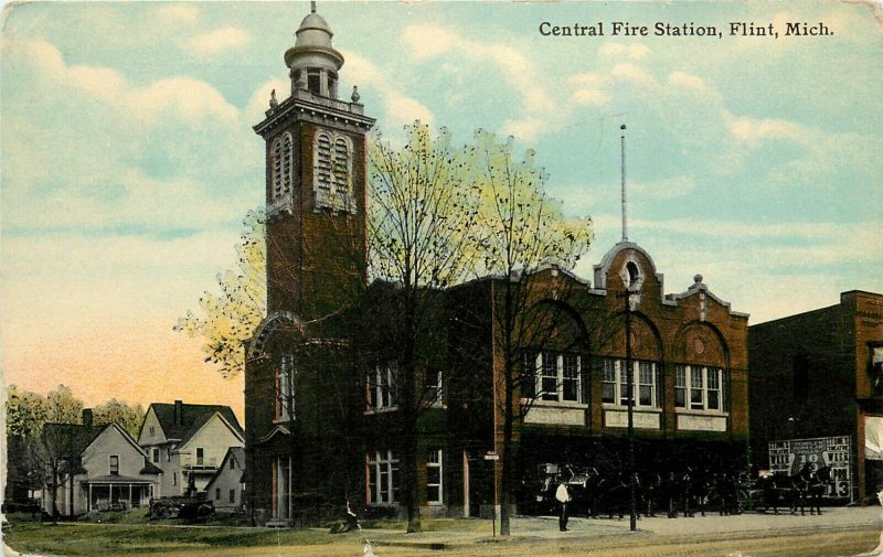 c1910 Postcard; Flint MI Central Fire Station, Genesee County, Posted