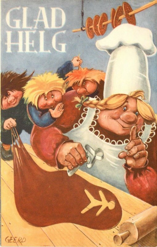 Vintage Fantasy Postcard Geerd Giant Ogre Makes Gingerbread Men Glad Helg Sweden