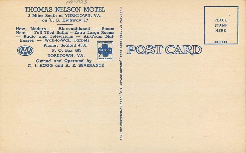 Virginia Yorktown Thomas Nelson Motel 1940s Teich linen Postcard 22-7669