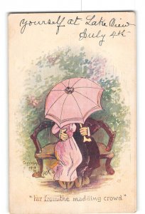 Comic Romance Postcard 1905 Couple Under Pink Umbrella Far From the Crowd