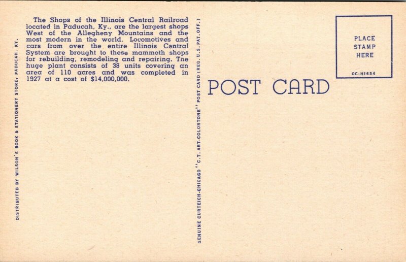 Postcard Illinois Central Train Railroad Shops Paducah Kentucky Linen