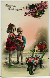 Good Easter Greetings Children Colored Eggs Flowers Italy Photo Postcard I13