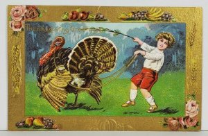 Thanksgiving Victorian Child Large Turkey Shimmering Golden Postcard P18