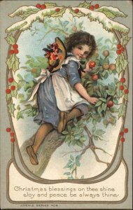 Christmas Little Girl Climbing Apple Tree c1910 Vintage Postcard