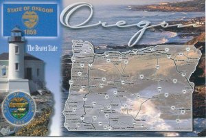 OR:  OREGON STATE FLAG/SEAL MAP POSTCARD