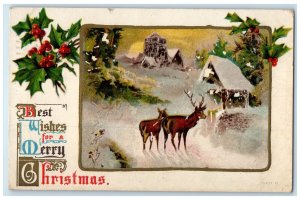 1910 Christmas Deer House Winter Holly Berries Philadelphia PA Antique Postcard