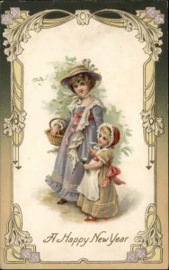 Winsch New Year Petty Woman and Little Girl Mother and Chlid c1910 Postcard