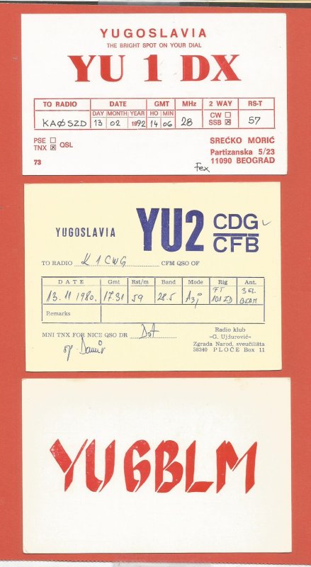 QSL AMATEUR RADIO CARDS – YUGOSLAVIA – 3 DIFFERENT CARDS – 1979-1992 (3)