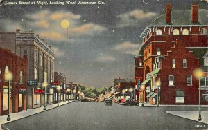 AMERICUS GA~LAMAR ST LOOKNG WEST-STORES~STARS-MOONLIGHT NIGHT VIEW~1949 POSTCARD