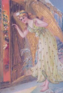 1900s Angel Fantasy Tree Gilt Wings Antique Vintage Christmas Postcard Germany