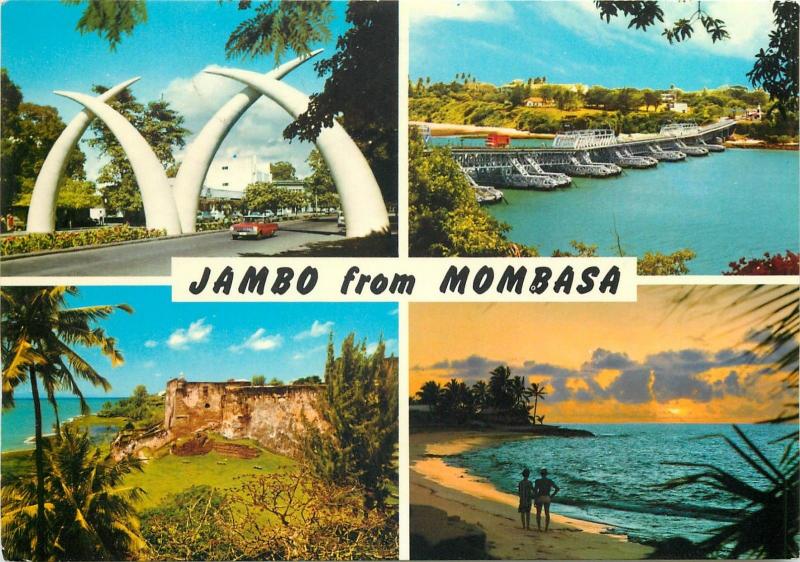 Lot 2 multi views postcards Mombasa Kenya Giant Tusks stamps franking