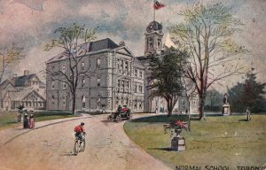 Vintage Postcard Normal School Building Statues Old Bikes & Cars Toronto Canada