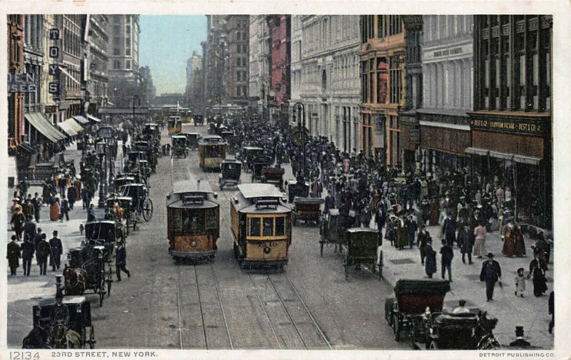 23rd Street, N.Y.C., Street Scene with Trolleys & Cars, Early Postcard, Unused 