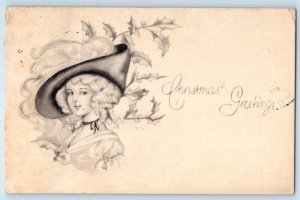 Christmas Greetings Pretty Woman Feather Hat Holly Berries Arlington MN Postcard