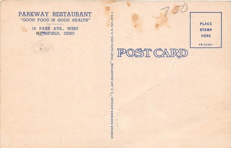 Ohio Postcard MANSFIELD Richland Linen Roadside PARKWAY RESTAURANT Interior