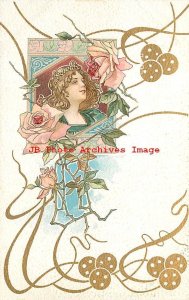 Unknown Artist, ASM No 873-1, Art Nouveau, Rose, Flower Face Woman