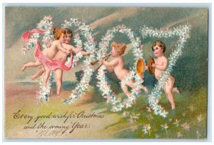 1907 Christmas Floating Angels Embossed Stamford New York NY Antique Postcard