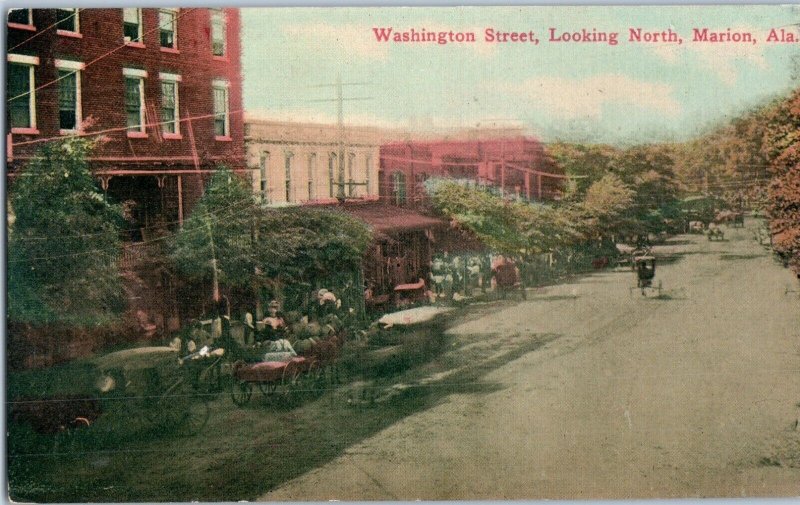 Washington Street looking north Marion w Old Cars Carriages Alabama Postcard