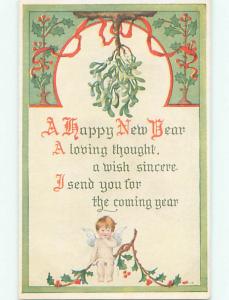 Pre-Linen new year signed CHERUB SITTING ON HOLLY BRANCH UNDER MISTLETOE k5313