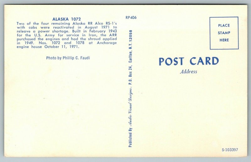 Postcard Anchorage Alaska c1971 Train #1072 Railroad Alco RS-1 at Engine House