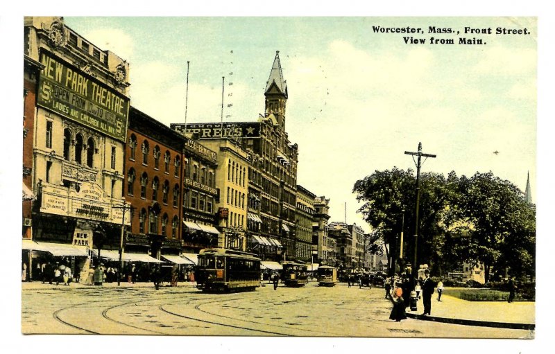 MA - Worcester. Front Street from Main Street, Trolleys