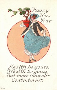 Vintage Postcard A Happy New Year Greetings Health Wealth Be Yours Pretty Woman