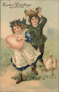 Easter Children Boy & Girl Hunt for Eggs Embossed PFB c1900s-10s Postcard