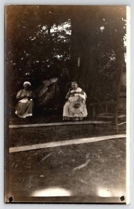 RPPC Granny In Chair Woman Bonnet On Hammock Large Tree Real Photo Postcard S28