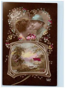 c1930's Soldier Couple Romance Heart Flowers House Boat WWI Antique Postcard