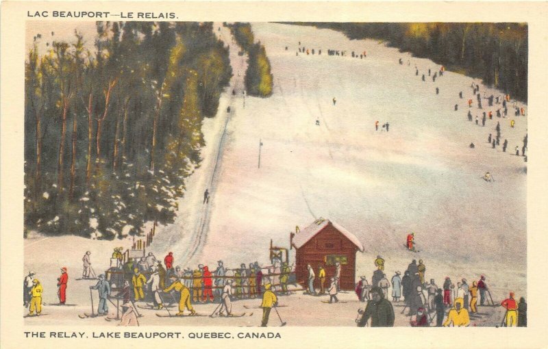 Lake Beauport Quebec Canada 1940s Postcard Cross Country Skiing Relay