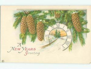 Unused Pre-Linen new year PINE CONES AROUND EVERGREEN TREES IN CLOCK FACE k4988