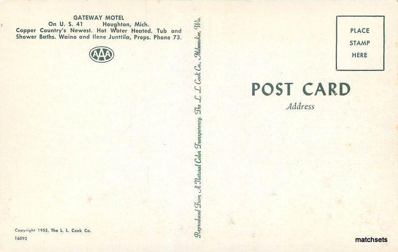1950s Gateway Motel roadside Houghton Michigan Cook postcard 9838 autos