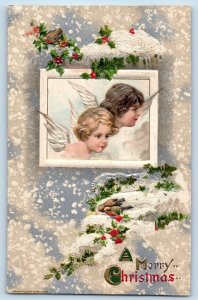 John Winsch Signed Artist Postcard Christmas Angels Cherub Berries Embossed 1910