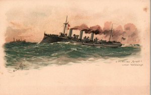 German Navy WWI Postcard c.1910s SMS Greif at Full Steam