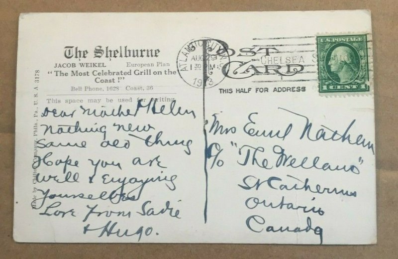 .01 PC - 1913 USED - THE SHELBURNE, ATLANTIC CITY, N.J