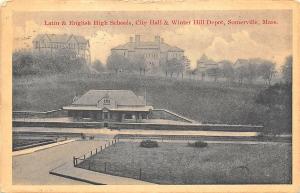 Somerville MA Latin & English High Schools Railroad Station Train Depot Postcard