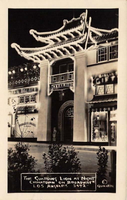 RPPC Guarding Lion At Night Forbidden Palace Chinatown Los Angeles 1945 Postcard