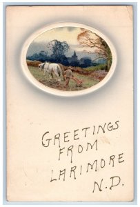 Larimore North Dakota Postcard Greetings Embossed Farming Horses c1910 Vintage