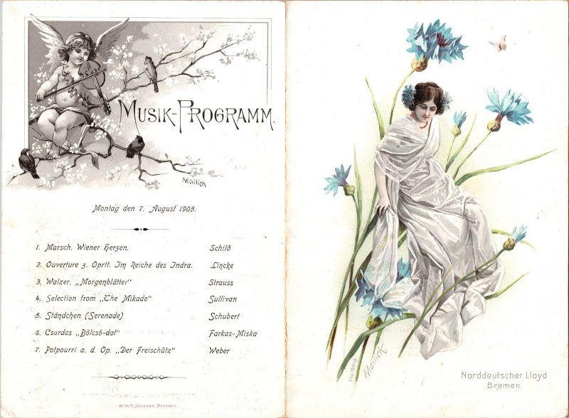 August 7 1905 NDL Bremen SS Kronprinz Wilhelm Ship Menu Music Program