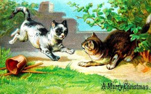 1870s-80s Adorable Cute Kittens Playing Christmas Embossed Victorian Card #3  F4