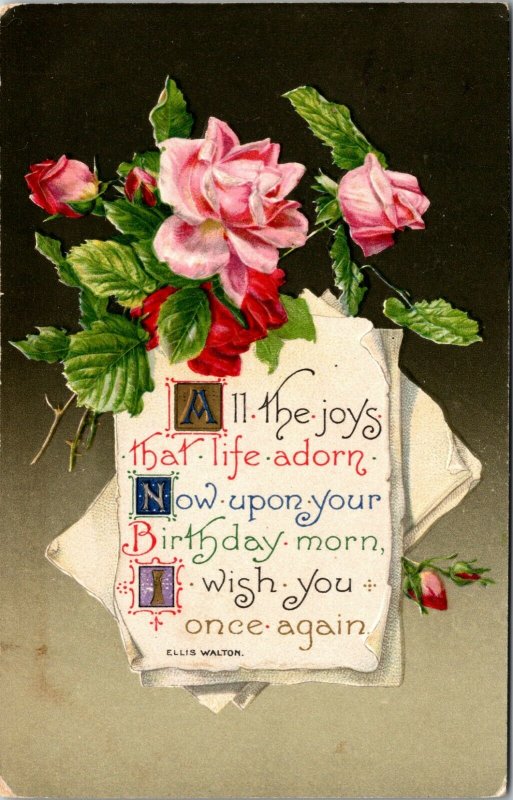 HAPPY BIRTHDAY - ELLIS WALTON - FLOWERS VINTAGE POSTCARD - 1910 