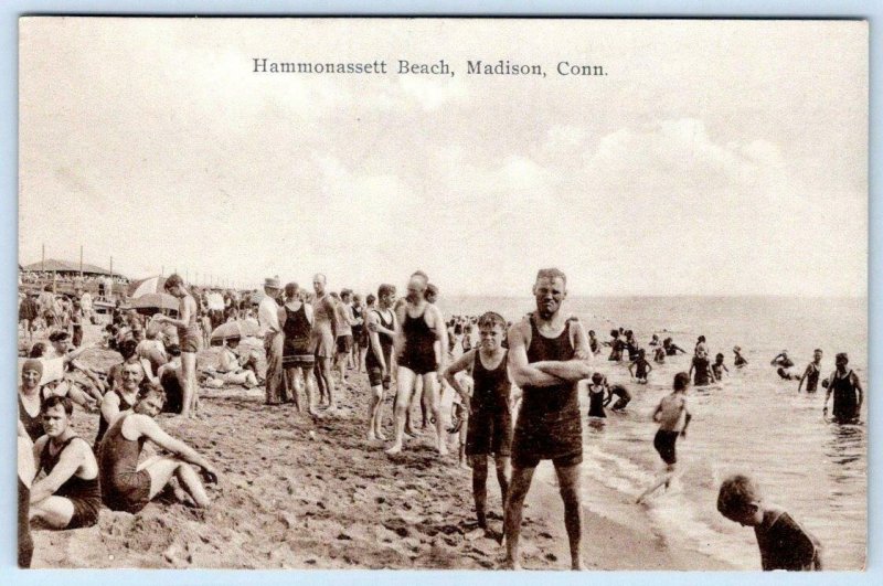 HAMMONASSETT BEACH MADISON CONNECTICUT*CT*CROWD SCENE*MAN POSING*SWIMMERS*SAXONY 