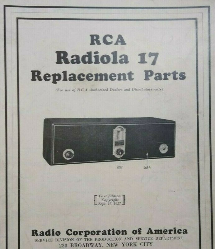 RCA Radiola 17 Replacement Parts Pamphlet 1927 Vintage Radio 4 Sided Ephemera