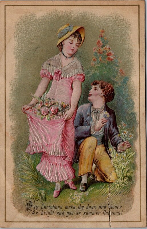 VINTAGE - EMBOSSED - CHRISTMAS - WOMAN MAN CARD VICTORIAN FLOWERS 