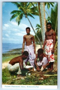 KOROLEVU, FIJI ~ View of FIJIANS PREPARING MEAL ca 1950s Vintage Postcard