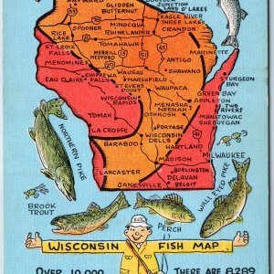 c1940s Wisconsin Fish Map Postcard Exaggerated Arm Man Trout EC Kropp Linen A210