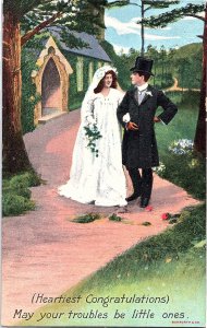 Vintage Bamforth Wedding Congratulations with Bride and Groom Postcard
