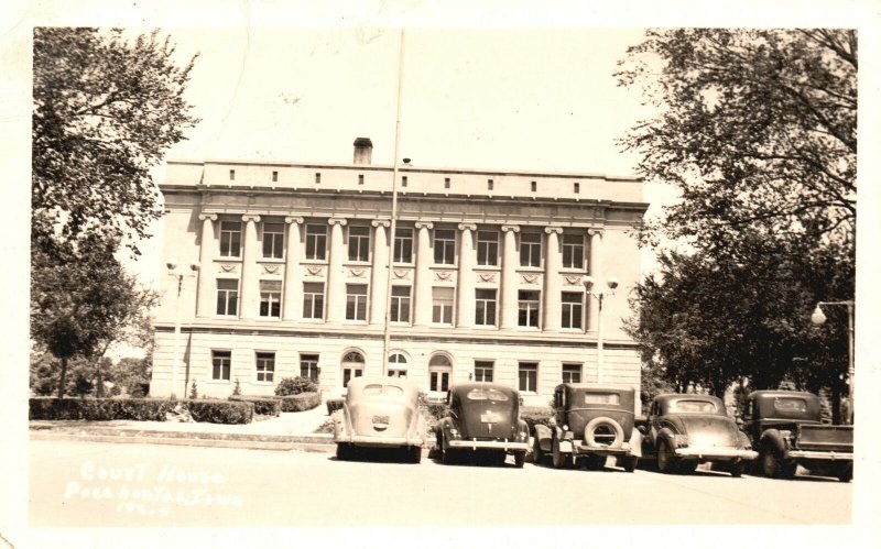 Vintage Postcard View of Court House Old Ford Truck Pocahontas Iowa RPPC Photo