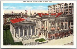 Dayton OH-Ohio, Old And New Court House, Bustling Street & Buildings, Postcard