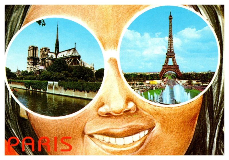 Postcard France Paris -  woman sunglasses reflecting Notre Dame Eiffel Tower